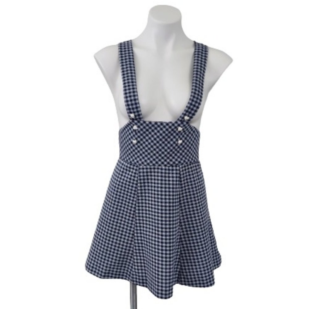 Vintage 60s 70s Joe Benbasset Gingham Apron Dress Blue White Mini Jumper Size 9